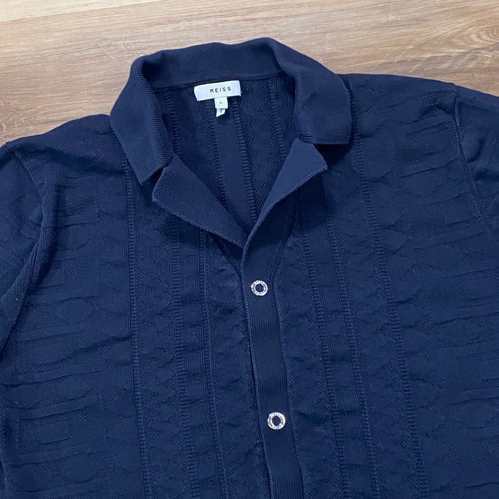 REISS Button-Through Knit Shirt Large Short Sleeve Cotton Polo Navy Blue